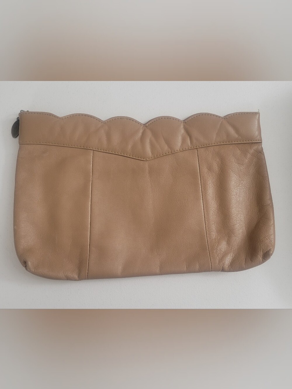Genuine Leather Tan Scalloped Zip Clutch Pouch Cosmetic Makeup Bag Nude Beige